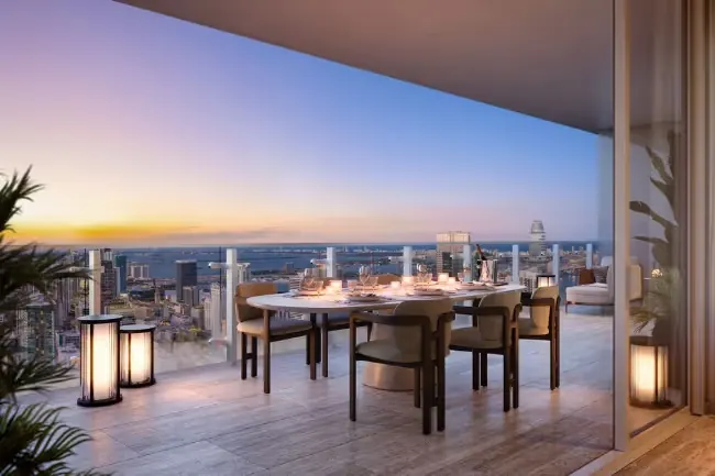 Outdoor dining terrace at Faena Residences